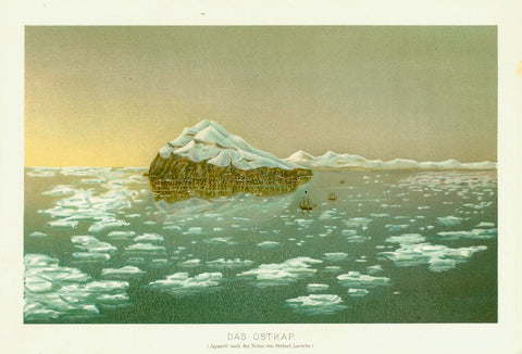 "Das Ostkap" (located in the Polar region near the Bering Strait) One can see the size of th island compared to the tiny ships nearby.  Chromolithograph made after a watercolor by Pechuel-Losche. Published 1901.