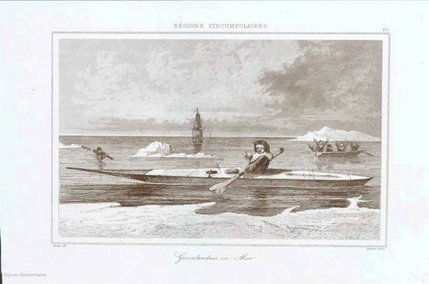 "Regiones Circumpolaires" "Groenlandais en Mer"  Steel engraving published 1840.