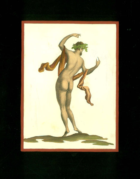 Frescos, Pompeii, Pompei, Fresco, Campania, Vesuvius, Volcano, Volkan  Hand-colored copper engraving by Filippo Morghen after a drawing by Camillo Paderni From "Antichità di Ercolano" - Naples1757-1762  Padrini hat this motive of a naked dance from a wall fresco in Pompeii.  Original antique print  