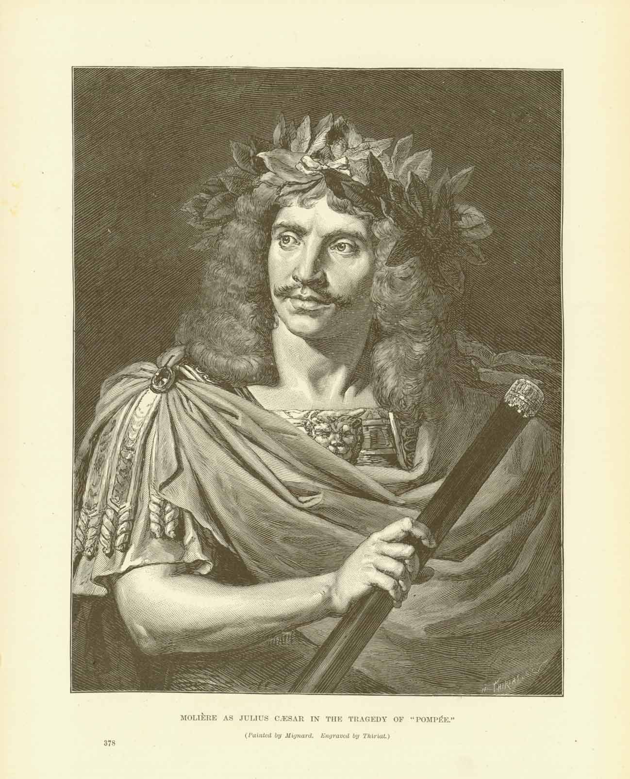 "Moliere as Julius Caeser in the Tragedy of "Pompee"  Wood engraving made after a painting by Mignard and engraved by Thiriat.