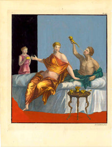 No title. Dining Romans in Pompeii  Pompeii, Pompeji, Pompei  The Romans used to eat (dine) laying in bed They called it: cubare (= recline for a meal).  The man is drinking wine from a horn. He is accompanied on the recliner by a woman. A servant boy brings possibly a box with sweets.  Hand-colored (gouache style) copper etching  (stipple engraving) by Peter S. Lamborn (1722-1774)  The print is: Plate nr. XIV (14)  Probably London, ca. 1760  Original antique print  