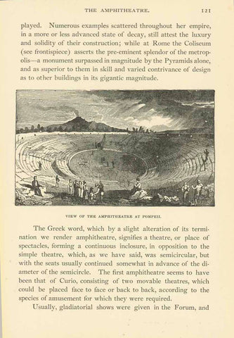 "View of the Amphitheater at Pompeii" In the background: Mount Vesuvius.  Wood engraving on a page of English text about amphitheaters that continues on reverse side. Published ca 1880.  Original antique print 