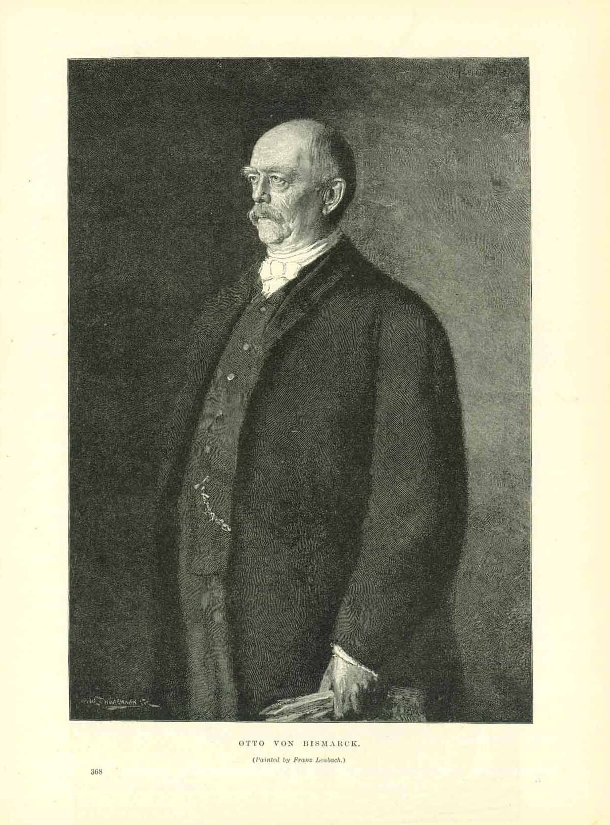 "Otto von Bismarck"  Wood engraving made after a painting by Franz Lenbach. On the reverse side is text about Lenbach and his paintings.