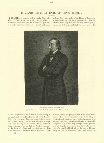 "Benjamin Disraeli, Earl of Beaconsfield"  "The Last Appearance in the Commons"  -----  3-page article with images and text about Benjamin Disraeli.  Published 1895.