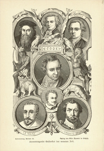 "Hervorragende Entdecker der neuen Zeit"  Wood engraving of the great explorers of more recent times.  Cabot, Bougsinville, La Perouse, Cook, Le Maire, Francis Drake  Published 1885.