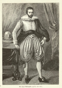 "Sir Hugh Wiloughby"  Wood engraving of the English sea explorer who died in 1554. Published 1885. Reverse side is printed.