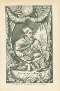 "Amerigo Vespucco, piloto mayor (Reichspilot)"  Wood engraving made after an earlier copper engraving of the famous sailor who gave the American hemisphere its name. Published 1881. On the reverse side is German text about Vespucci's exploration.