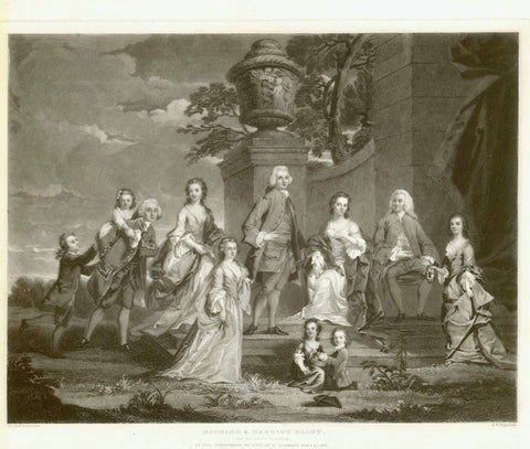 "Richard and Harriot Eliot and All Their Children"  Steel engraving after the painting by Sir Joshua Reynolds (1723-1792")  The painting was in possesion Earl of St Jermans, Port Eliot.  Published 1835 in London.