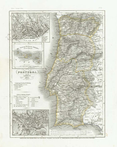 "Portugal und die Azoren 1849".  Steel etching by Renner from "Neuster Zeitungs Atlas. Alter und Neuer Erdkunde" by J. Meyer, ca 1850.  Original outline coloring.  For a 30% discount enter MAPS30 at chekout 
