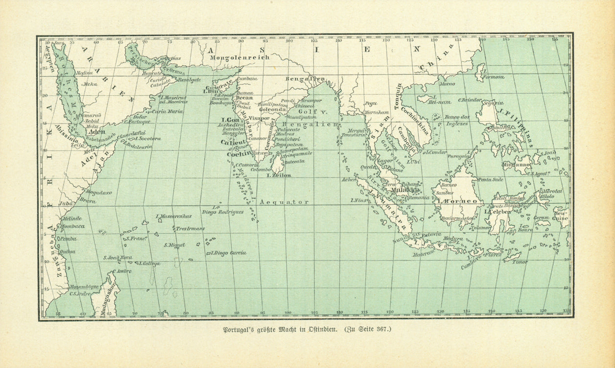 "Portugal's groesste Macht in Ostindien"  Wood engraving map published 1881 showing Portugal's colonization in East India. On the reverse side is text about early Portuguese exploration in Asia.
