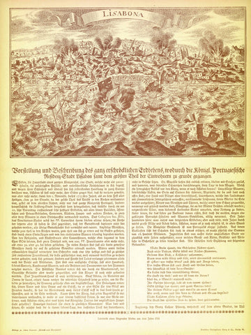 "Lisbona" "Vorstellung und Beschreibung des ganz erschrecklichen Erdbebens..." (Imagination and description of the very shocking earthquake.....)  Reddish toned wood engraving made after an earlier engraving with text describing the earthquake on November 1, 1755 that destroyed much of Lissabon.  Original antique print  