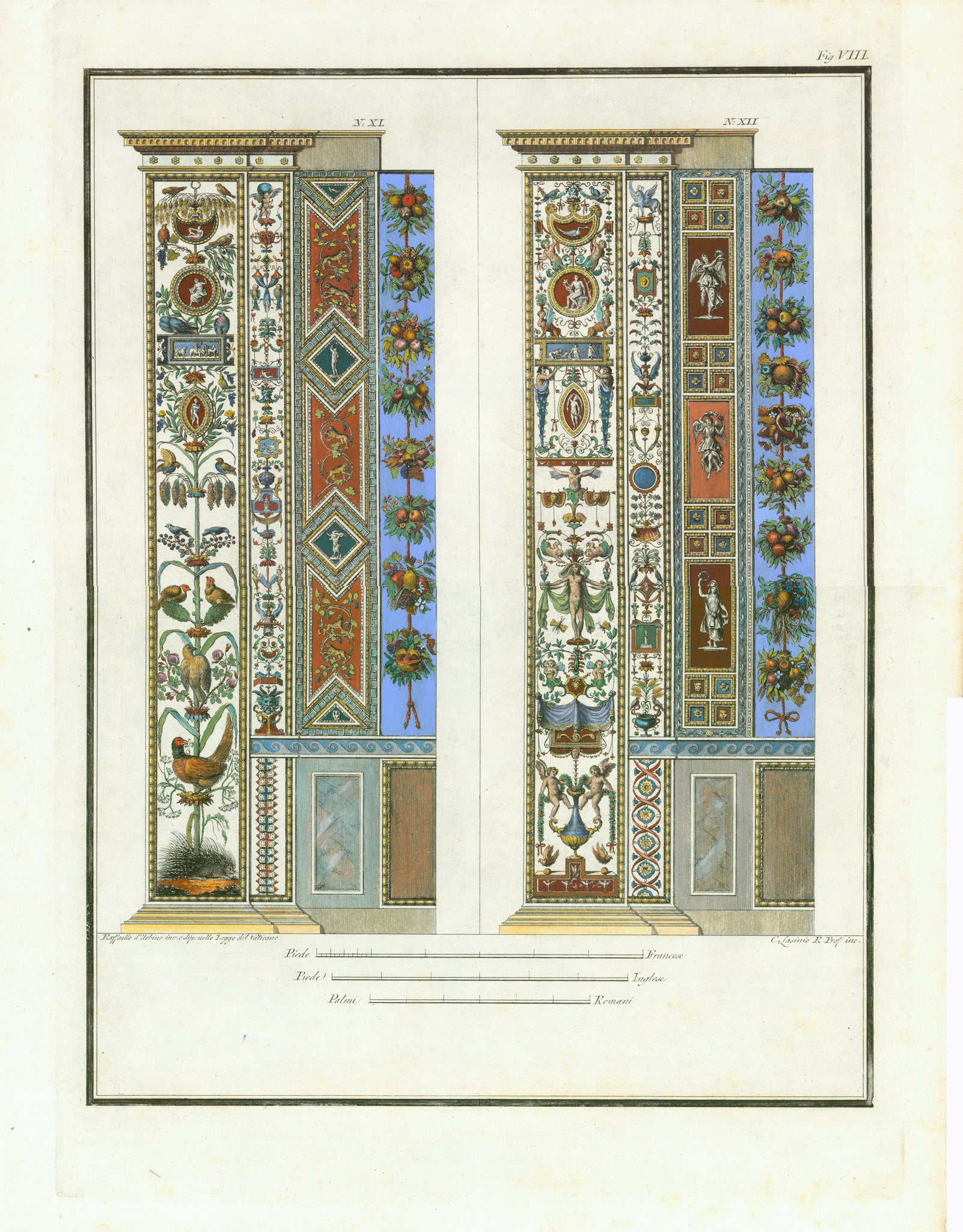 The copper etchings were printed in Rome in the year 1802. They have brilliant gouache-hand-coloring, attentively executed even in the smallest detail. The full page size measures ca. 54.5 x 41.5 cm ( 21.5 x 13.4"). An exquisite wall decoration for the discriminating homeowner!