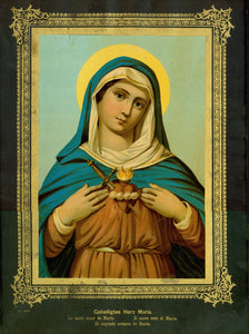 "Geheiligtes Herz Maria" - "Le sacre coeur de Marie" - "Il sacro cuor di Maria" -  "El sagrado corazón de Maria"  (Holy heart of Mary)  Glossy chromo lithograph, fitted into preprinted gold-colored bordure of an otherwise black-colored paper template or stencil.  There is no artist, nor publisher mentioned