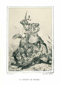 "Le Serpent de Rhodes" - the dragons of Rhodes  There were giant serpents on the island, which were killed by the hero, called Phorbas.  Toned lithograph after Victor Adan, publihed 1884.