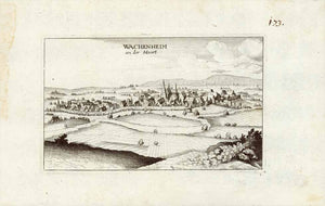 "Wachenheim an der Haart"  Wachenheim an der Weinstrasse, Kreis Bad Duerkheim, Haardt, Rindskehler Kopf, Seekopf  Rare copper engraving by Wenzel Holler (1607-1677)  Wenzel Holler made his way from Prague to London and Frankfurt am Main. He spent two years learning from Matthäus Merian and finished a series of city and town views (probably ordered by Merian) in 1645.Only a few prints were published so that they are very seldom in the public and private collections.