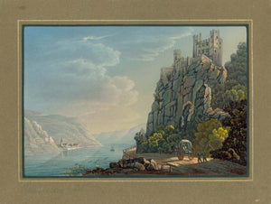 Antique print, antiker Stich, Neu-Rheinstein, Burg Rheinstein, earlier Vautsberg.  Vaitzburg, Rheinromantik, Spornburg, Hermann Hecher  Gouached Aquatinta. Eggwhite highlights. Fine painting quality.  Aquatintiert by Rudolf Bodmer (1805-1841) after Johann Adolf Lasinsky (1808-1871). Lasinsky was one of the most esteemed landscape painters of the 19th Century, His views of the Rhine were famous. Bodmer was a talented aquatint artist.who put Lasinsky's paintings to paper. Excellent colorist