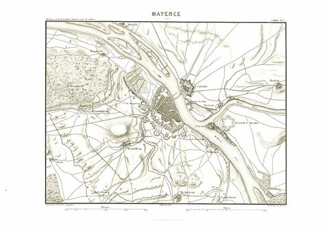 Antique map, antike Karte, Mainz. - "Mayence"   Rhein, Rhine, Main, Hochheim, Rombach, Gonsenheim, Drais  Copper engraving by Charles Dyonnet after the drawing by A.E. Fremin  Plan of the Rheinland Pfalz capital. At the time of this map the Kastell belonged to Mainz. Today it is part of Wiesbaden. The map shows the course of the Rhine from Ginsheim-Gustavsburg., interior design, wall decoration, ideas, idea, gift ideas, present, vintage, charming, special, decoration, home interior, living room design 