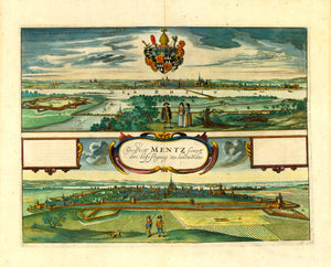 "Die Statt Mentz sampt ihre befestigung zu lantwerdts"  Copper etching by Wenzel Hollar (1607-1677)  Fine original hand coloring  Published in "Germaniae Superioris"  By Johannes Janssonius (1588-1664)  Amsterdam, 1657  Two views of the city of Mainz in Germany from opposite directions. Upper view from Kastel with the river Main flowing into the river Rhein. With the coat of arms of Arch Bishop Casimir von Warmhold center above city. The lower view with Mainz in the foreground and the river Rhein in back