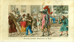 "Ehemalige geistliche Maskeraden in Trier"  Copper etching ca 1800. Original hand coloring.