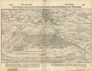 Trier. - "Treveris - Trier"  Woodcut.  Published in "Cosmographia" by Sebastian Muenster (1488-1552)  German edition.  Basel, 1553  Original antique print   General view of this very old German city with a a long tradition. During Roman times its name was Augusta Treverorum. , interior design, wall decoration, ideas, idea, gift ideas, present, vintage, charming, special, decoration, home interior, living room design