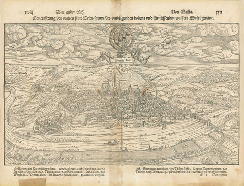 Trier. - "Treveris - Trier"  Woodcut.  Published in "Cosmographia" by Sebastian Muenster (1488-1552)  German edition.  Basel, 1553  Original antique print   General view of this very old German city with a a long tradition. During Roman times its name was Augusta Treverorum. , interior design, wall decoration, ideas, idea, gift ideas, present, vintage, charming, special, decoration, home interior, living room design