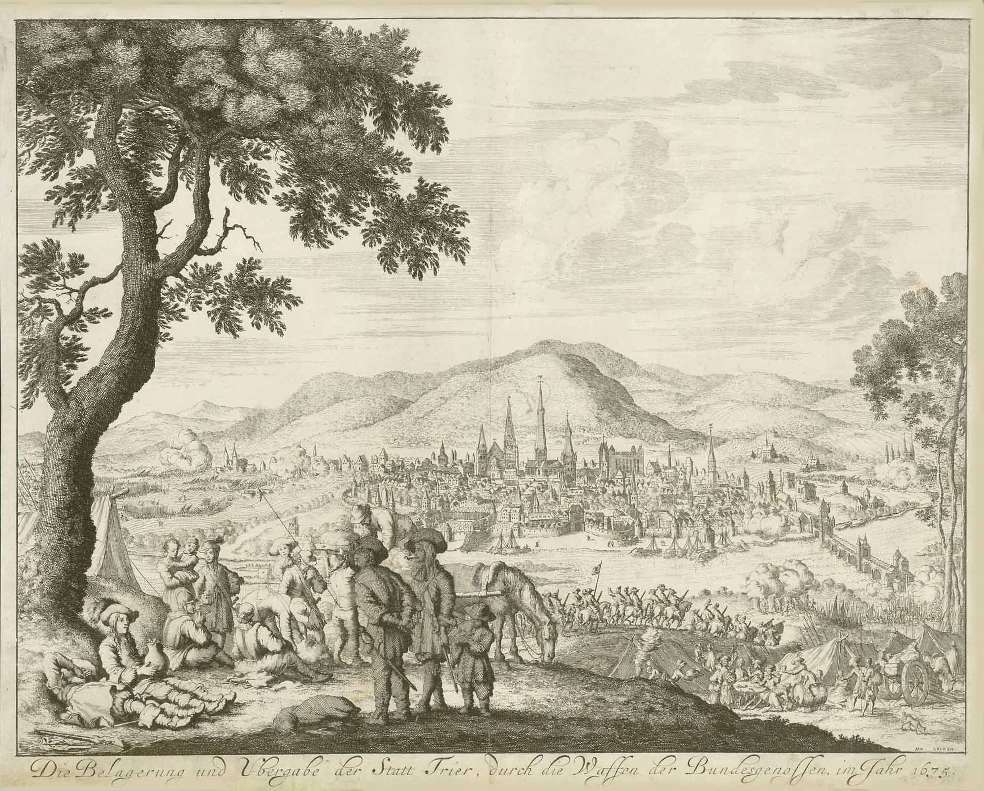 "Die Belagerung und Übergabe der Statt Trier, durch die Waffen der Bundesgenossen im Jahr 1675"  Kupferradierung von Jan Luyken (1649-1712)  General view of one of the oldest German cities across the Mose river. As a matter of fact the Trier claims to be the oldest. The scene is during the siege by French troops in November 1645.  Very attractive print and RARE, because it was not published in one of the typical city view books like those by Matthaeus Merian for example.  Time of print: Ca: 1680 to 1700
