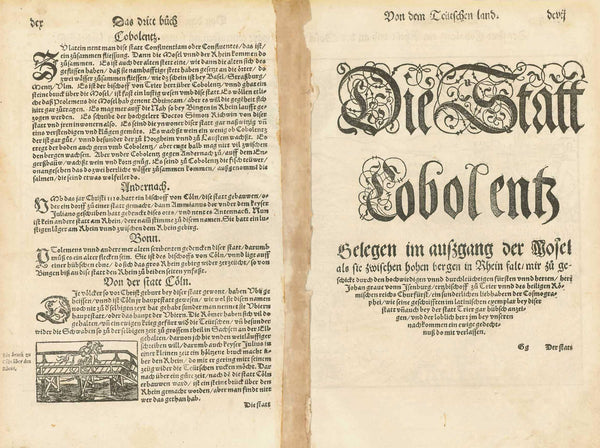 Published in "Cosmographia" by Sebastian Muenster (1488-1552) German edition.  Basel, 1553  Decorative dedication ribbon above image is dated 1549. But this print was published in 1553.  Reverse left side is title page. Right side: Descriptions of Koblenz, Andernach, Bonn and the beginning article about Cologne with a small woodcut: The Bridge across the Rhine at Cologne.