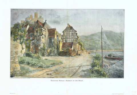 "Beilstein an der Mosel"  Beilstein on the Moselle river  Hand-colored wood engraving after the painting by Her(r)mann Schnee (1840-1926)  Handkolorierter Holzstich  Print shows the centuries-old picturesque and fairy-tale-style frame-work architecture in Beilstein. In the background, residing on the hill above Beistein, we have the ruins of the impressive castle of Metternich. Prince Metternich owned this castle until 1794. Now it is privately owned.  Published: Berlin, ca. 1900  Original antique print 