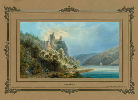 Bingen - Trechtingshausen. - "Rheinstein"  Anonymous steel engraving with stunning. Gouache hand coloring.  Published by Zabern. Mainz, 1847  Sitting on a rock above the River Rhein (Rhine) the castle "Rheinstein" was built in the 14th century. The castle had, like most age-old castles, a varied and changeful history. In 1823 the castle (it was a ruin by that time) was purchased by Friedrich Wilhelm Ludwig von Preussen (a Prussian prince).