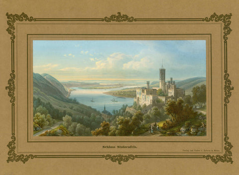 Koblenz - Lahnstein - "Schloss Stolzenfels"  Anonymous steel engraving with stunning original gouache hand coloring.  Published by Von Zabern  Mainz, 1847  The Zabern publication of views of the River Rhein had all images trimmed to fit into a decorative bordure, onto which the original prints were then mounted.  The view shows the chateau from behind. The view goes across the river Rhein (Rhine) well into the moth and the run of the River Lahn.  The original castle of Stolzenfels 