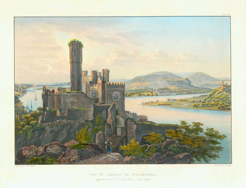Koblenz - Lahnstein. - "Vue du Chateau de Stolzenfels - appartenant a Sa Altesse Royal le Prince Frederique de Prusse"  Aquatinta by Sigismond Himely (1807-1872). In splendid original gouache hand coloring  After the drawing by Johann Ludwig (Louis) Bleuler (1792-1850)  Published by l. Bleuler. Schaffhausen, ca. 1840  Incredibly beautiful aquatint of the castle belonging, then, to Prince Frederic of Prussia (1794-1863)  Located in the left side of the River Rhein (Rhine) 
