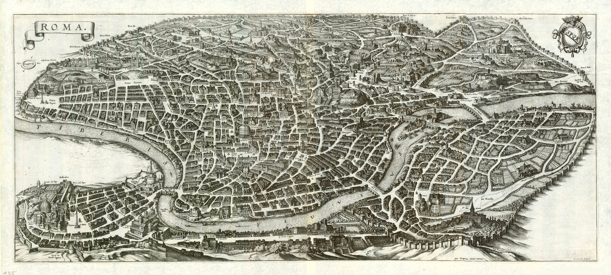 Rome. - "Roma"  Copper etching   Published in "Topographia Italiae".  Publisher: Matthaeus Merian heirs  Frankfurt on the Main, 1688.   An impressive extra large bird's eye view of the Eternal City of Rome in the 17th century.