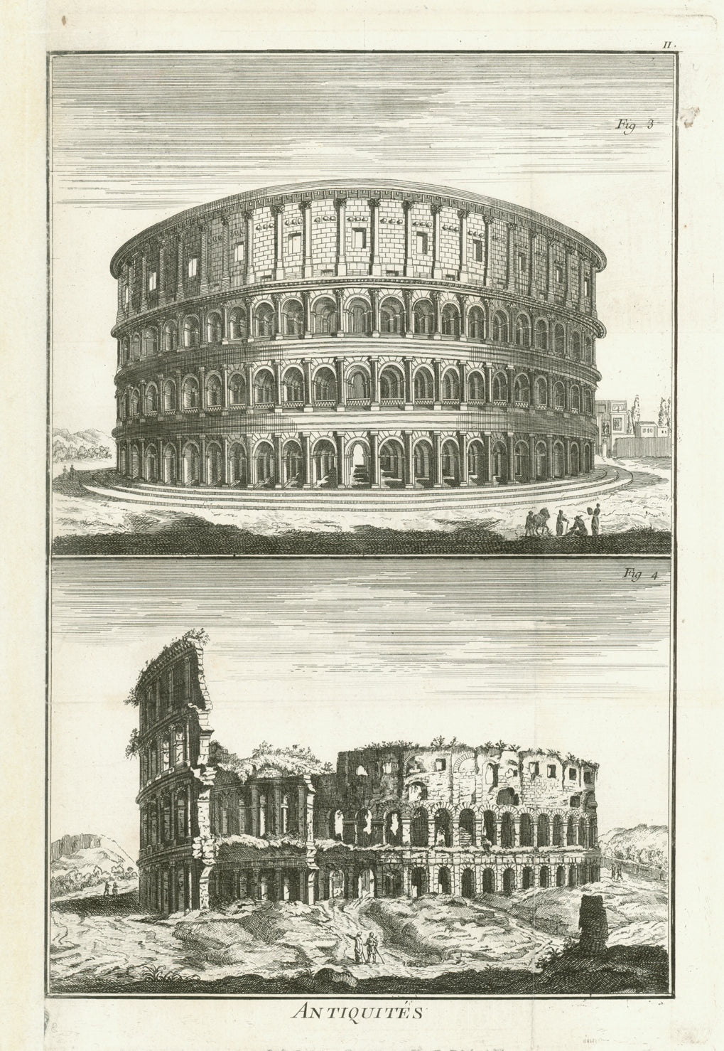 Antique print, Upper image is a reconstruction of the Amfiteatro Flavio (Colesseum). Lower image. the condition of the Colosseum in the 17th Century.  Anonymous copper etching ca 1780.  Original antique print  