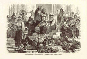  "Groupe de paysans sur les marches de Saint Pierre"  Wood engraving published 1867. On the reverse side is historical text about Rome and the pilgrims.  15.5 x 23.5 cm ( 6.1 x 9.2 ")
