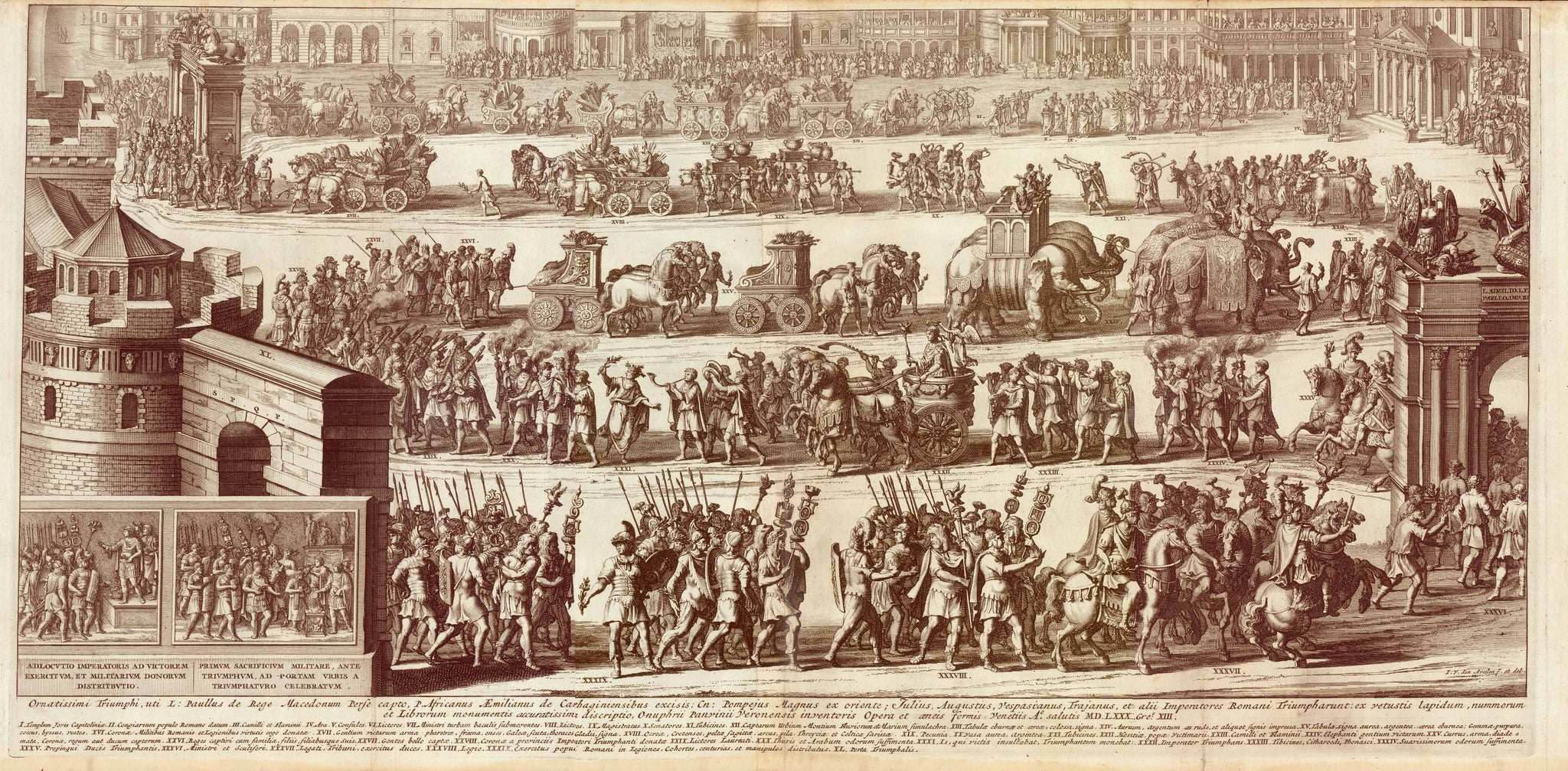 "Ornatissimi Triumphié"  Copper etching by Johan van den Aveele(n) (1650-1727) The artist used several slightly different spellings of his name)  This etching is based upon Onofrio Panvinio (1530-1568), who published "Fasti et triumph Roamnorum" in the year 1557.