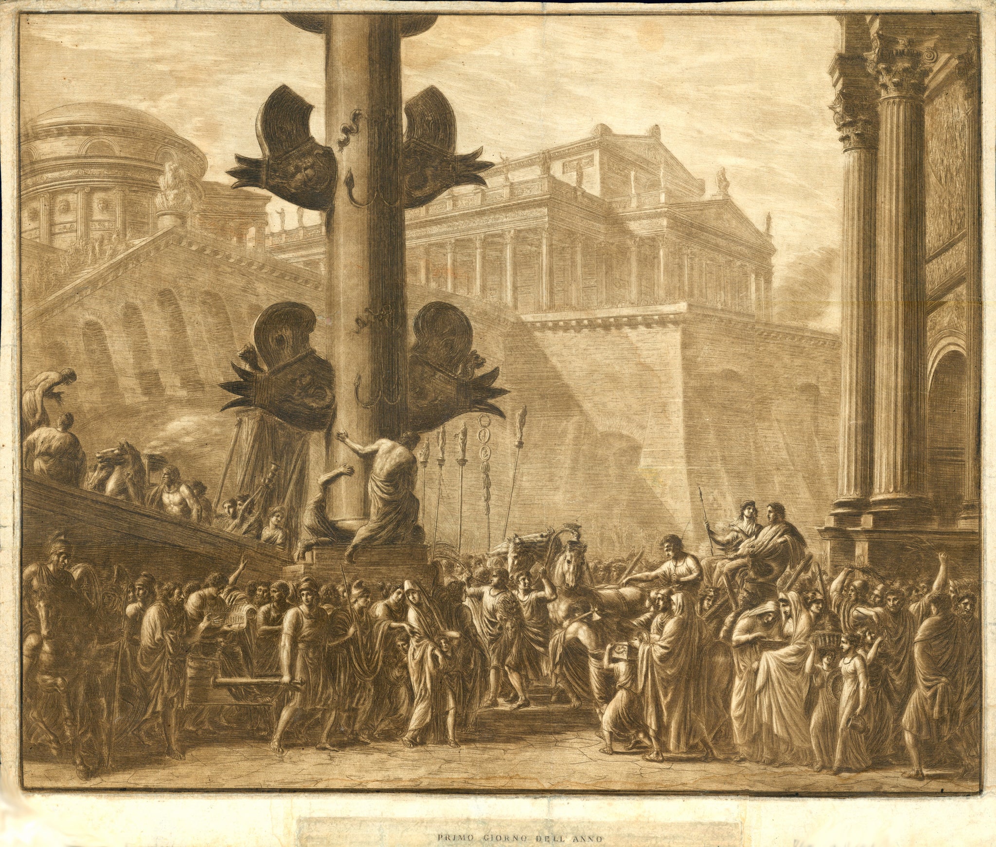 Rome. - "Primo Giorno del Anno"  Mezzotinta and copper etching in warm sepia color.  There is no credit for artist, nor name of publisher. We have checked the internet up and down, also the publicized inventory of the British Library, usually a sure source of knowledge. But we could not find a single hint for this beautiful print. So we have to stay vague - unless a reader of this can help. Any hint is very welcome.