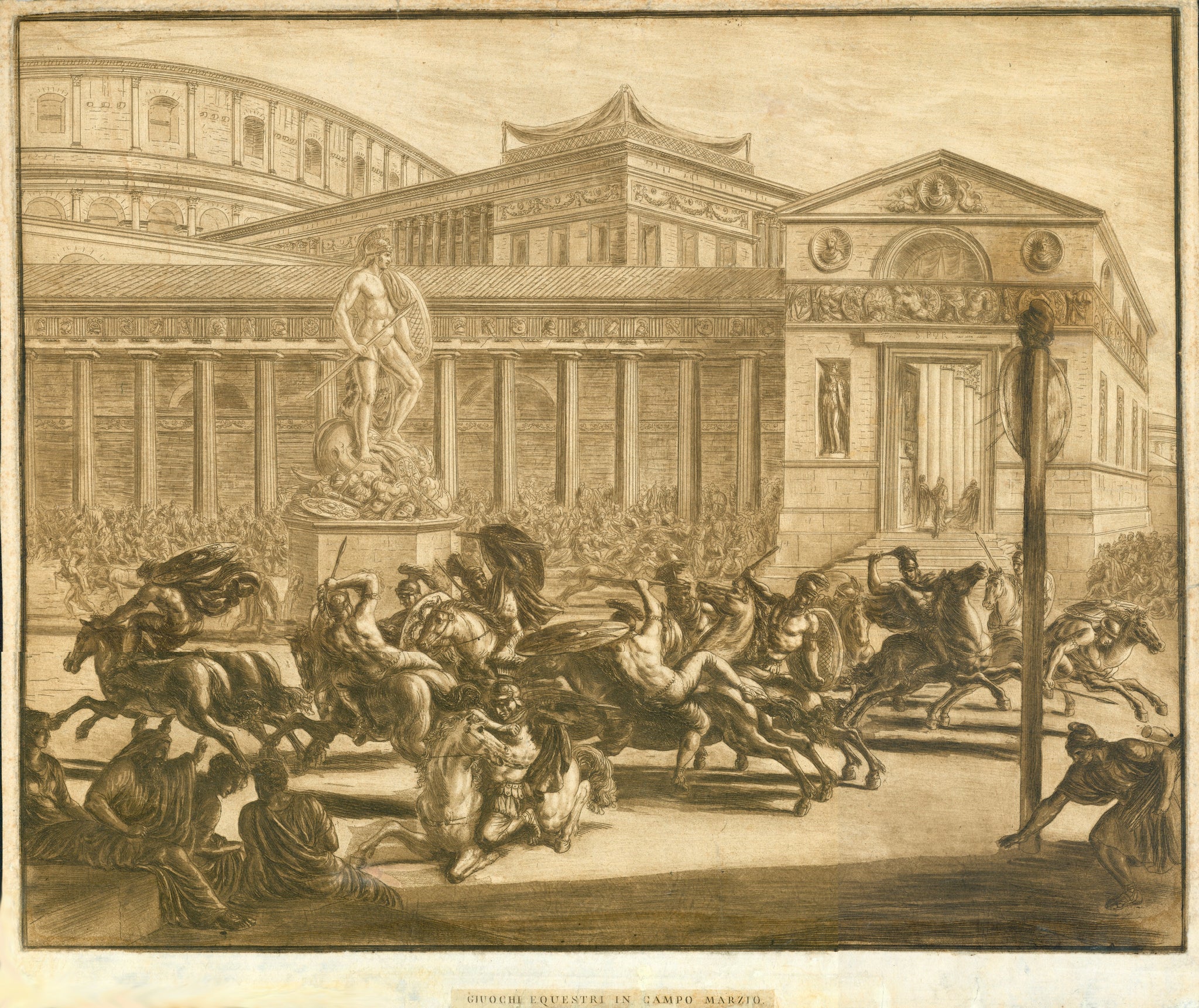 Rome. - "Giuochi Equestri in Campo Marzio"  Mezzotinta and copper etching in warm sepia color.  There is no credit for artist, nor name of publisher. We have checked the internet up and down, also the publicized inventory of the British Library, usually a sure source of knowledge. But we could not find a single hint for this beautiful print. So we have to stay vague - unless a reader of this can help. Any hint is very welcome.