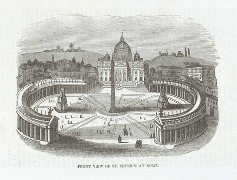 "Front View of St. Peter's, at Rome"  Wood engraving published 1855. Reverse side is printed.