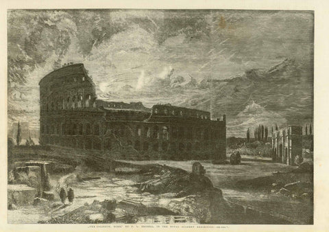 "The Colosseum, Rome"  Wood engraving after the painting by F. L. Bridell. Published 1860.  Light spot in upper right sky area.