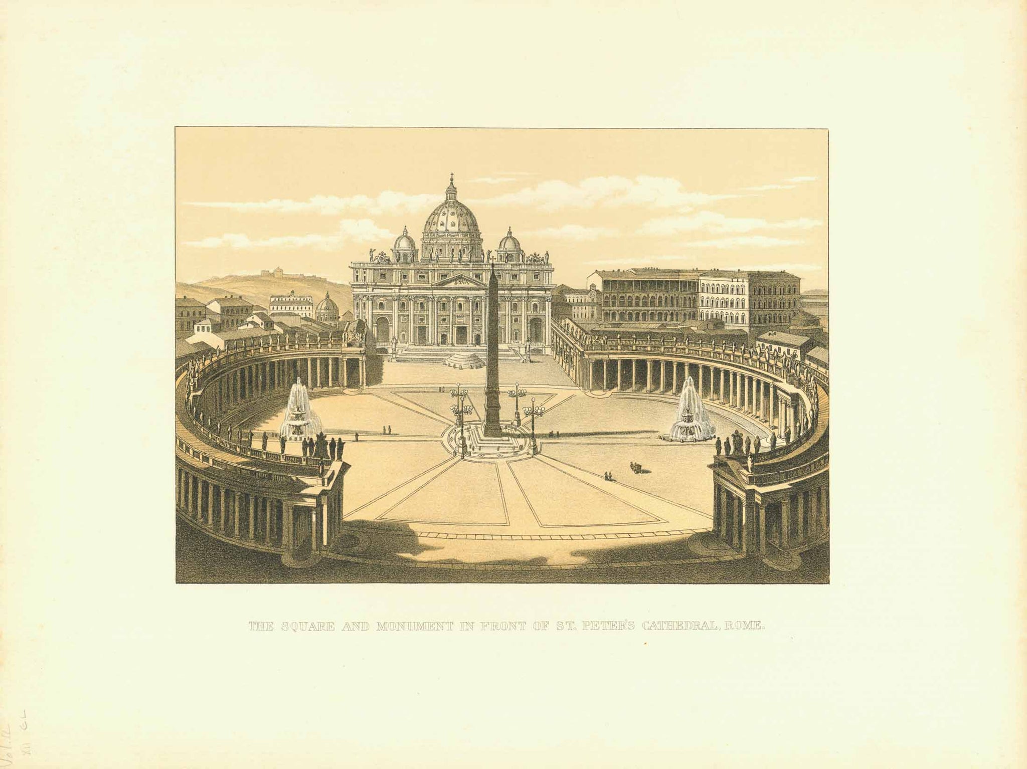 "The Square and Monument in Front of St. Peter's Cathedral, Rome"  Anonymous, toned lithograph, published ca 1880.