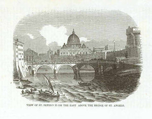 "View of St. Peter's From the East Above the Bridge of St. Angelo"  Wood engraving published 1855. Reverse side is printed.