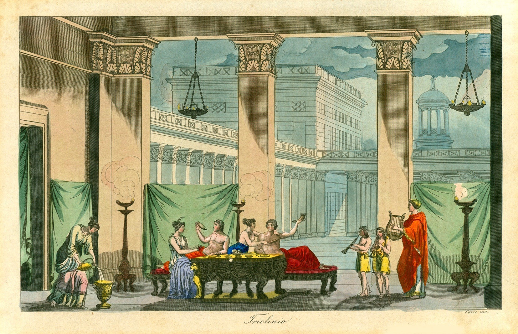 "Triclinio"  Copperplate etching by Giuseppe Guzzi  Very attractive original hand coloring  Published ca. 1820  Triclinium was the name of the antique Roman dining room. It was also the name of a sofa in the dining room, where Romans used to take their meals in a reclined physical position (nicely depicted here). 