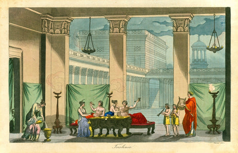 "Triclinio"  Copperplate etching by Giuseppe Guzzi  Very attractive original hand coloring  Published ca. 1820  Triclinium was the name of the antique Roman dining room. It was also the name of a sofa in the dining room, where Romans used to take their meals in a reclined physical position (nicely depicted here). 