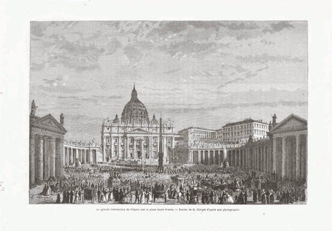 "Le grand benediction de Paques sur la Place St. Pierre"  Wood engraving made after a photograph. Published 1867.  On the reverse side is text (in French) about Rome and especially St. Peter's Square.