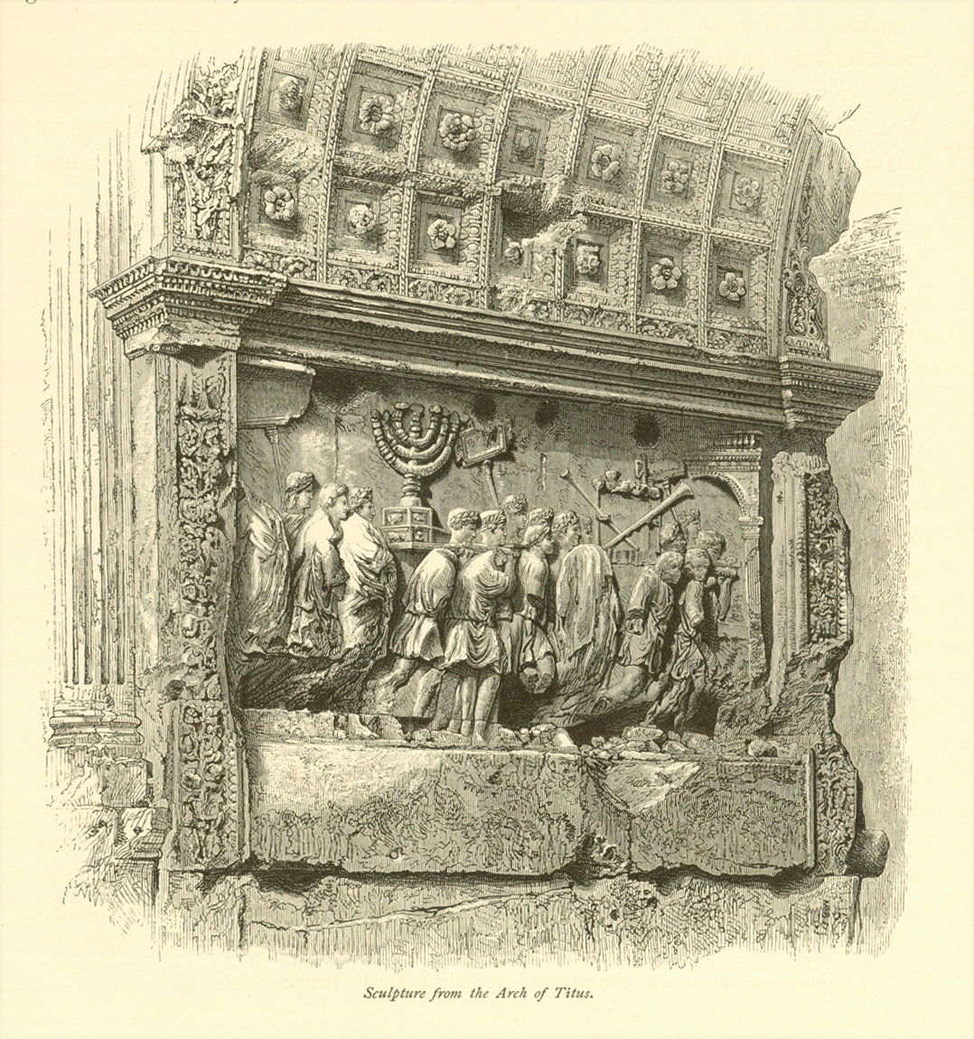 "Sculpture from the Arch of Titus"  Wood engraving ca 1875 on a page of text.  Reverse side is printed with information about Rome.  Original antique print  interior design, wall decoration, ideas, idea, gift ideas, present, vintage, charming, special, decoration, home interior, living room design