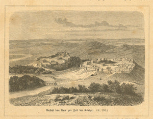"Ansicht von Rom zur Zeit der Könige" (View of Rome during the time of the Kings (753 B.C. until 510 B.C.)  Very intereting wood engraving of the first settlements of Rome during the time of the 7 kings. The Tiber River is on the left.  Published ca 1880.  Original antique print 