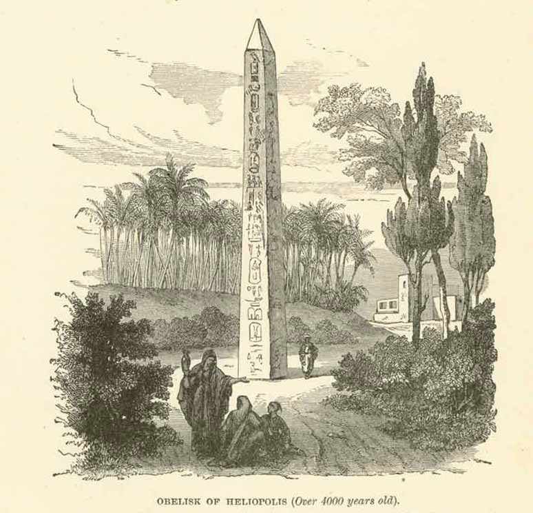 "Obelisk of Heliopolis (Over 4000 years old)"  Wood engraving on a page of text about the obelisk being brought from Heliopolis to Rome and erected in the Circus Maximus. The article ( in English) includes a translation of the hieroglyphs. Text continues on reverse side. Published ca 1875.  Original antique print 