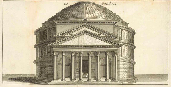 Rome. - "Le Pantheon"  Rare anonymous copper etching.  Published in a French book of duodez (very small) format. Therefore the print has three vertical folds to make it fit the book size.  The Pantheon is the only building from antique Roman times, that is altogether in its origin architectural state. For more than 1700 years the Pantheon had the largest cupola on earth. The building was built between 114 AD and 128 AD, and it is assumed that it was consecrated to all the Roman Gods.  Original antique print