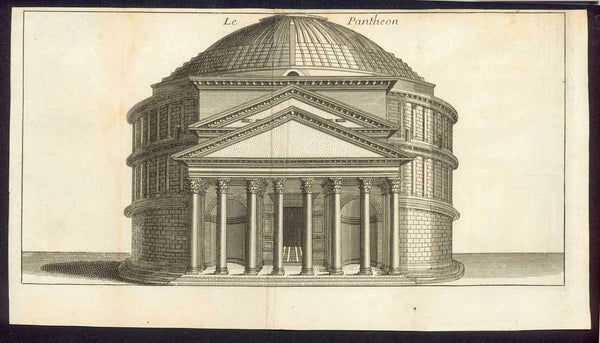 Rome. - "Le Pantheon"  Rare anonymous copper etching.  Published in a French book of duodez (very small) format. Therefore the print has three vertical folds to make it fit the book size.  The Pantheon is the only building from antique Roman times, that is altogether in its origin architectural state. For more than 1700 years the Pantheon had the largest cupola on earth. The building was built between 114 AD and 128 AD, and it is assumed that it was consecrated to all the Roman Gods.