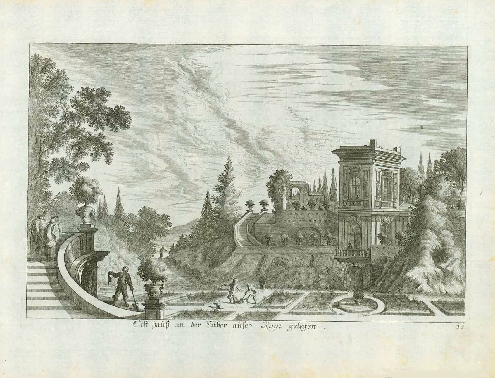"Lusthaus n der Tiber ausser Rom gelegen" (House of pleasure on the Tiber outside of Rome)  Copper engraving by Melchior Kuesell (1626.1683) after Johann Wilhelm Baur(1607-1640). Published in Augsburg 1703 by Johann Ulrich Krauss. From "Iconographia"., interior design, wall decoration, ideas, idea, gift ideas, present, vintage, charming, special, decoration, home interior, living room design